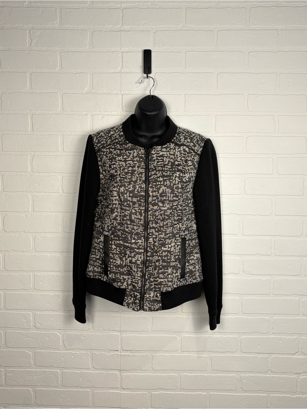Banana Republic Women Black Gray Tweed Knit Bomber Jacket Full Zip Small